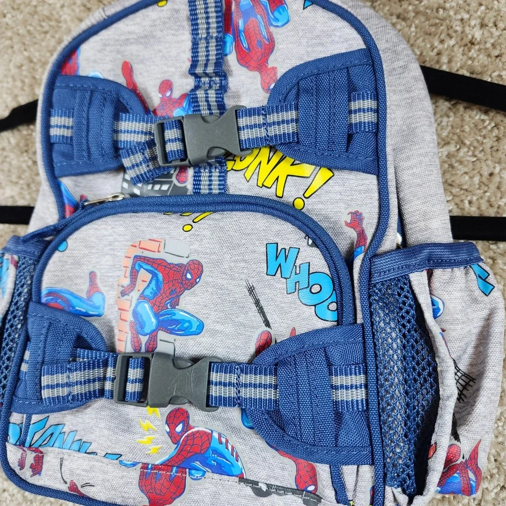 Pottery Barn Kids Backpack Spider-Man Comic Print Gray Blue Buckle Straps Small